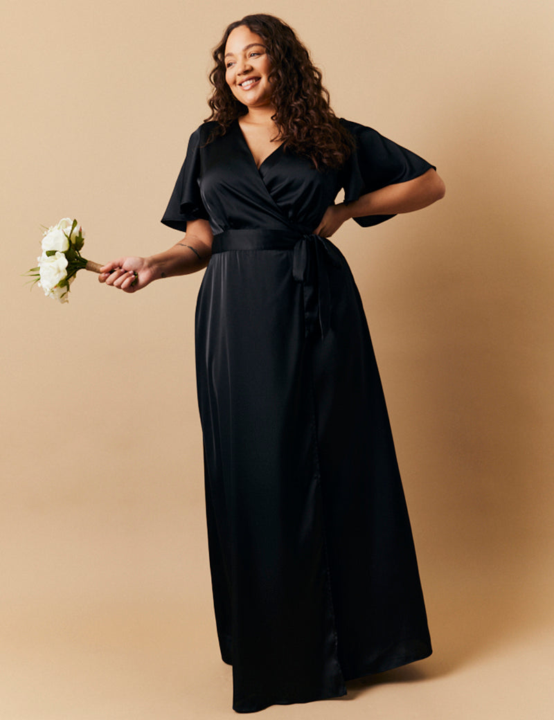 Black Satin Wrap Tie Angel Sleeve Maxi Dress