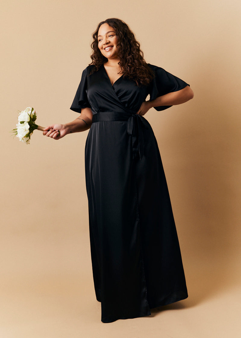 Black Satin Wrap Tie Angel Sleeve Maxi Dress