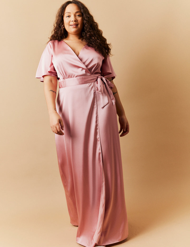 Rose Pink Satin Wrap Tie Angel Sleeve Maxi Dress