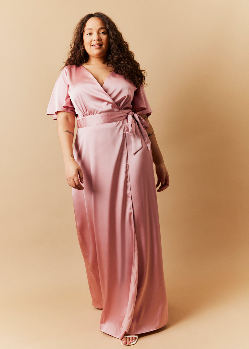 Rose Pink Satin Wrap Tie Angel Sleeve Maxi Dress
