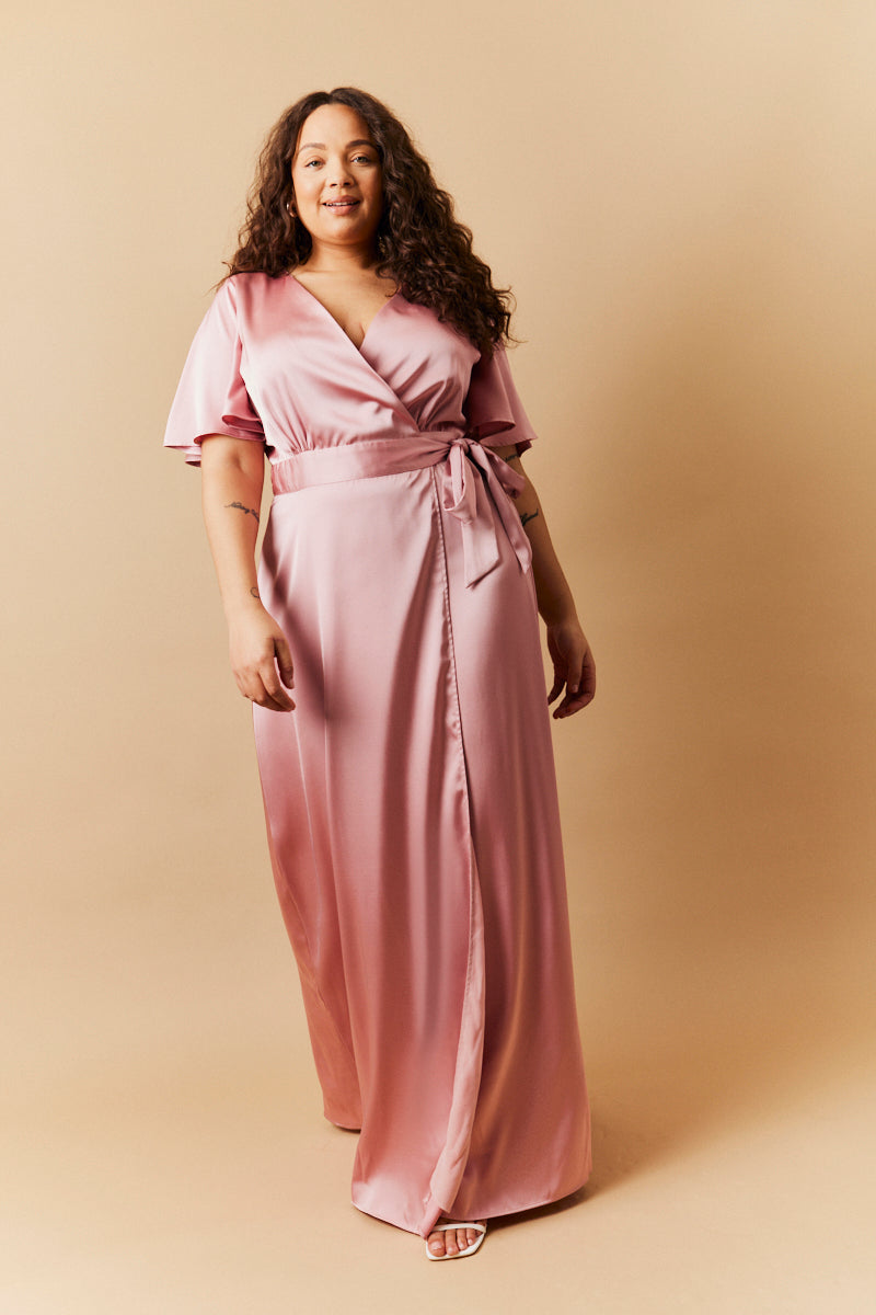 Rose Pink Satin Wrap Tie Angel Sleeve Maxi Dress – InTheStyle