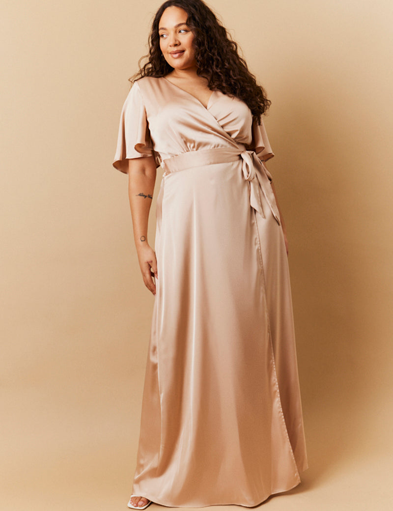 Light Gold Satin Wrap Tie Angel Sleeve Maxi Dress