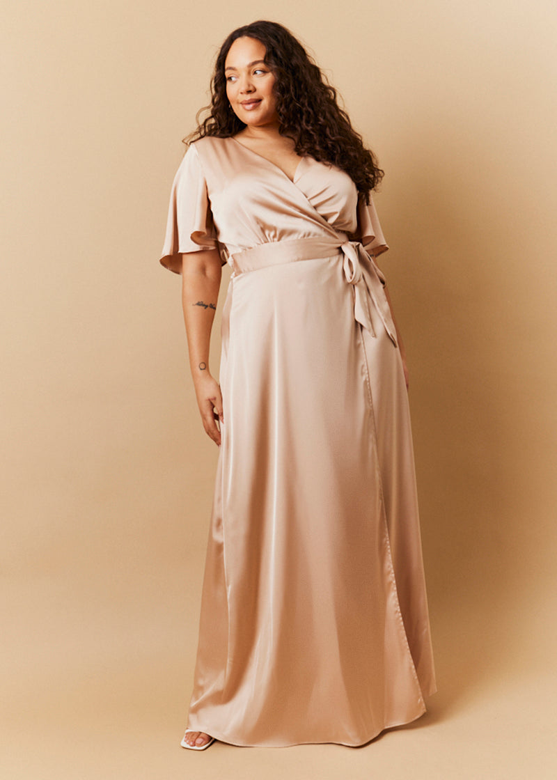 Light Gold Satin Wrap Tie Angel Sleeve Maxi Dress