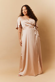 Light Gold Satin Wrap Tie Angel Sleeve Maxi Dress