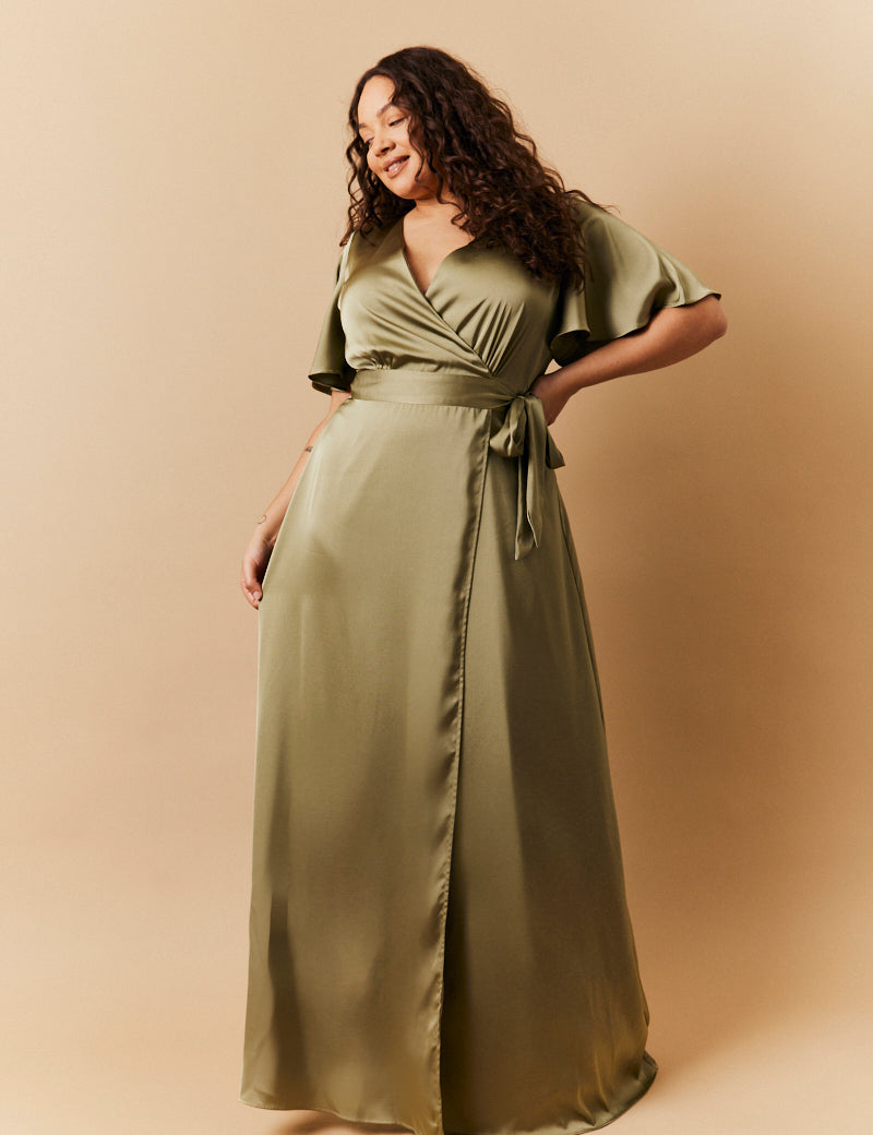 Olive Satin Wrap Tie Angel Sleeve Maxi Dress