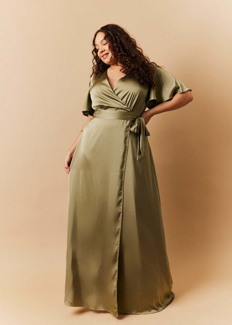 Olive Satin Wrap Tie Angel Sleeve Maxi Dress