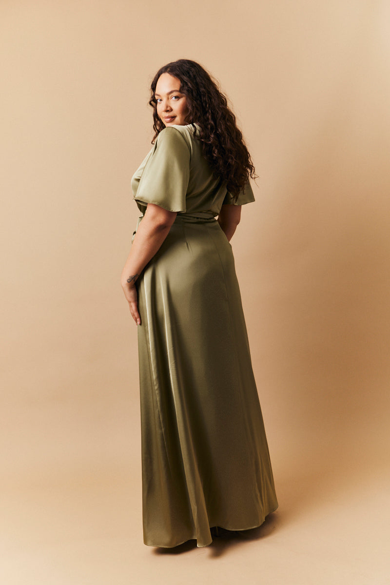 Olive Satin Wrap Tie Angel Sleeve Maxi Dress