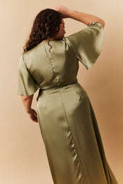Olive Satin Wrap Tie Angel Sleeve Maxi Dress