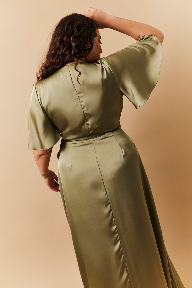 Olive Satin Wrap Tie Angel Sleeve Maxi Dress InTheStyle Olive Satin Wrap Tie Angel Sleeve Maxi Dress InTheStyle