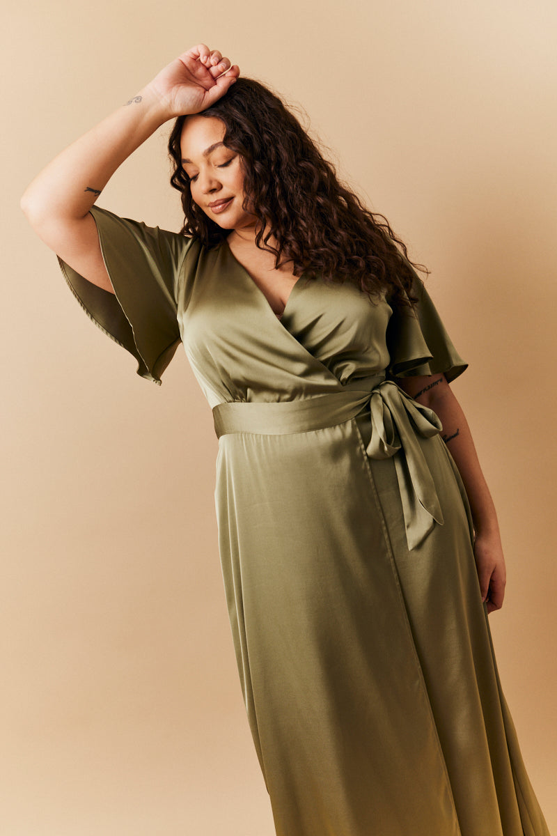 Olive Satin Wrap Tie Angel Sleeve Maxi Dress