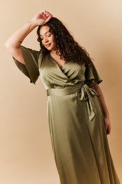 Olive Satin Wrap Tie Angel Sleeve Maxi Dress