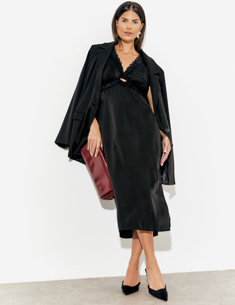 Lace Trim Satin Midi Dress