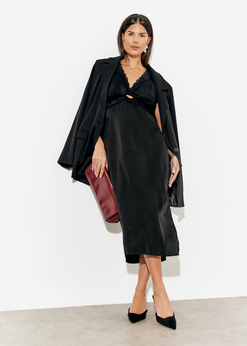 Lace Trim Satin Midi Dress