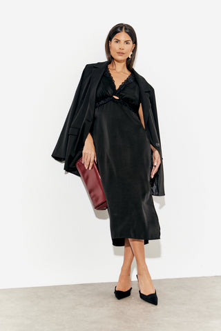 Lace Trim Satin Midi Skirt