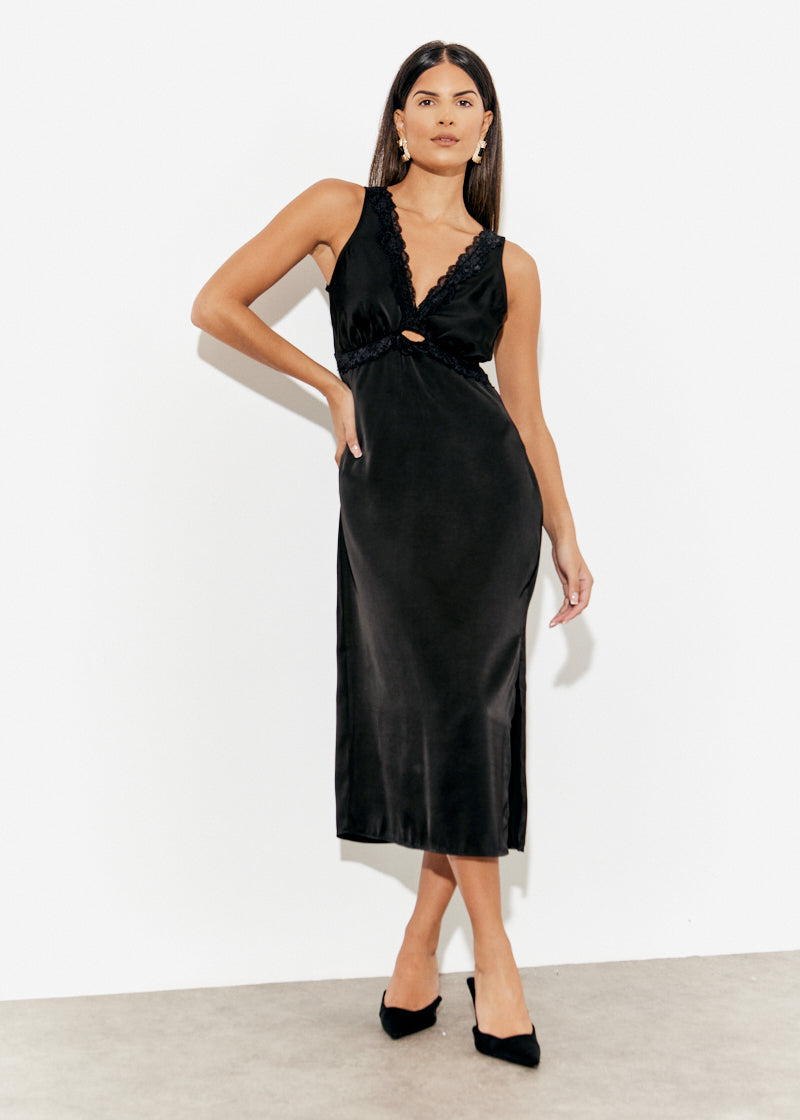 Lace Trim Satin Midi Dress