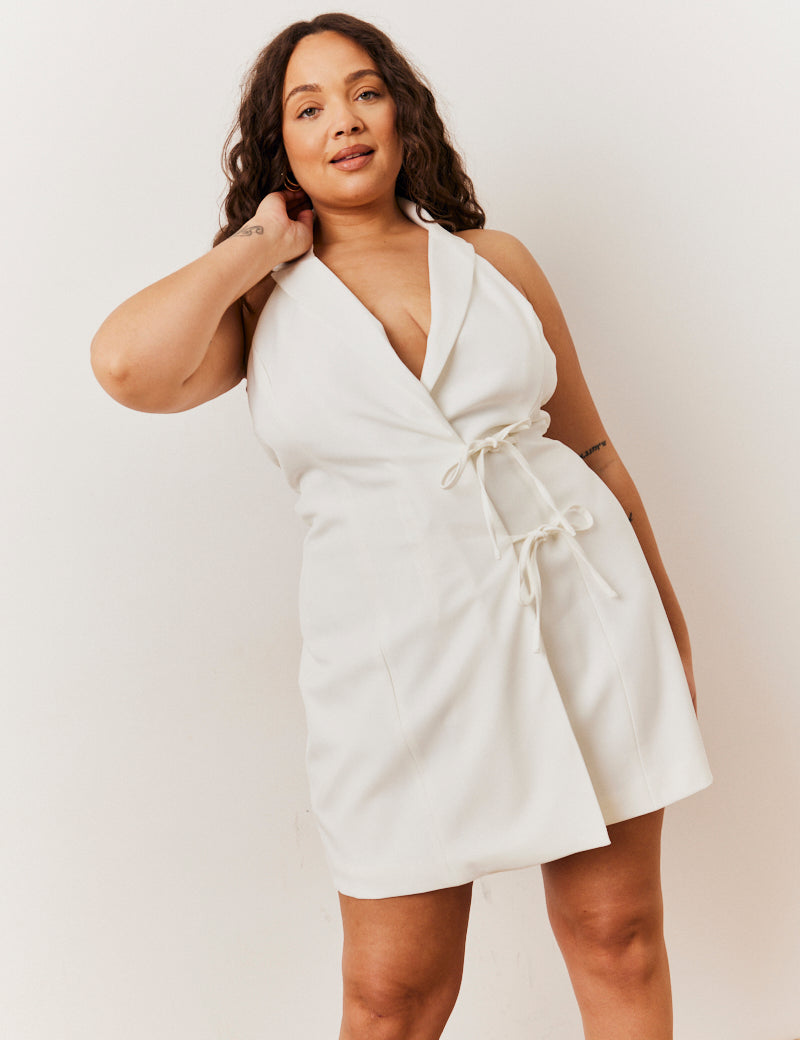 White Tailored Halterneck Mini Dress with Bow Detail