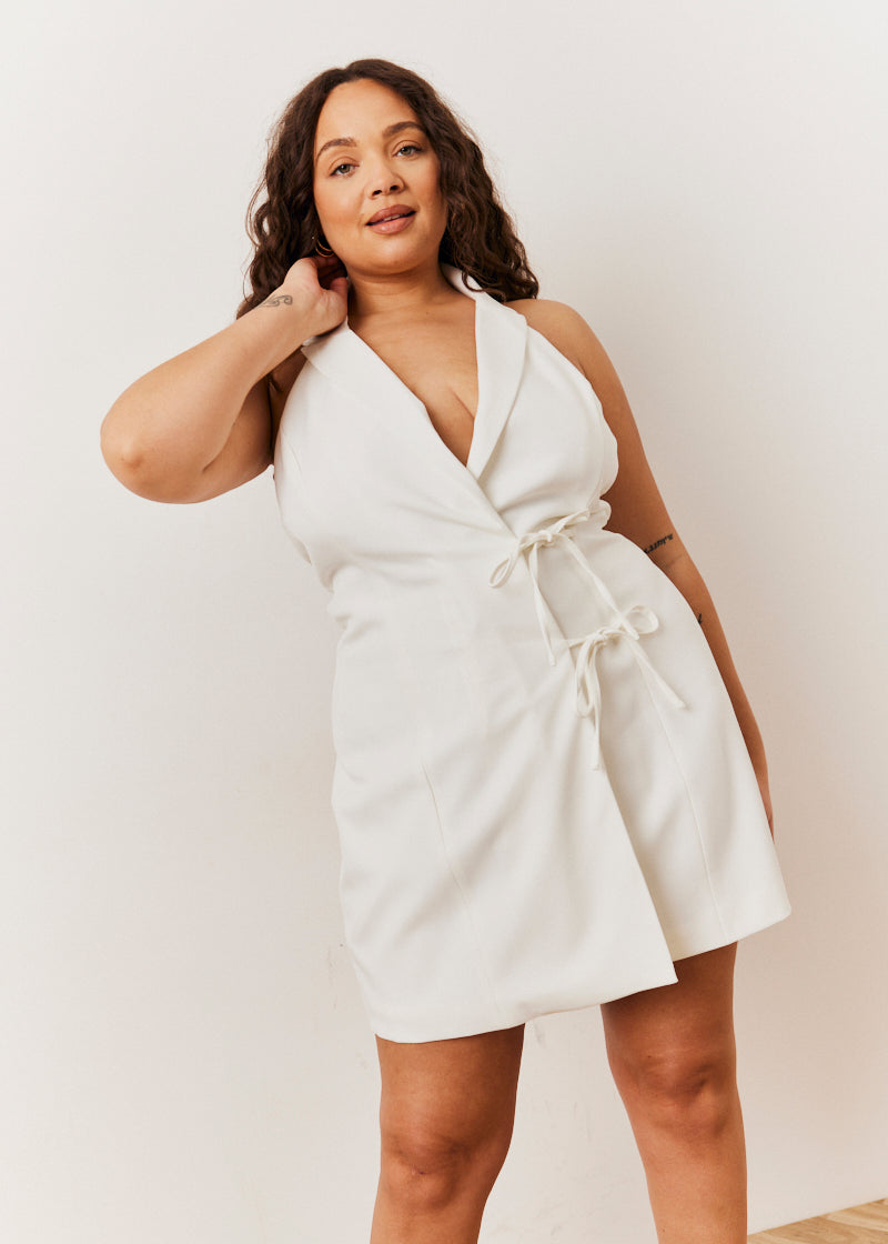 White Tailored Halterneck Mini Dress with Bow Detail