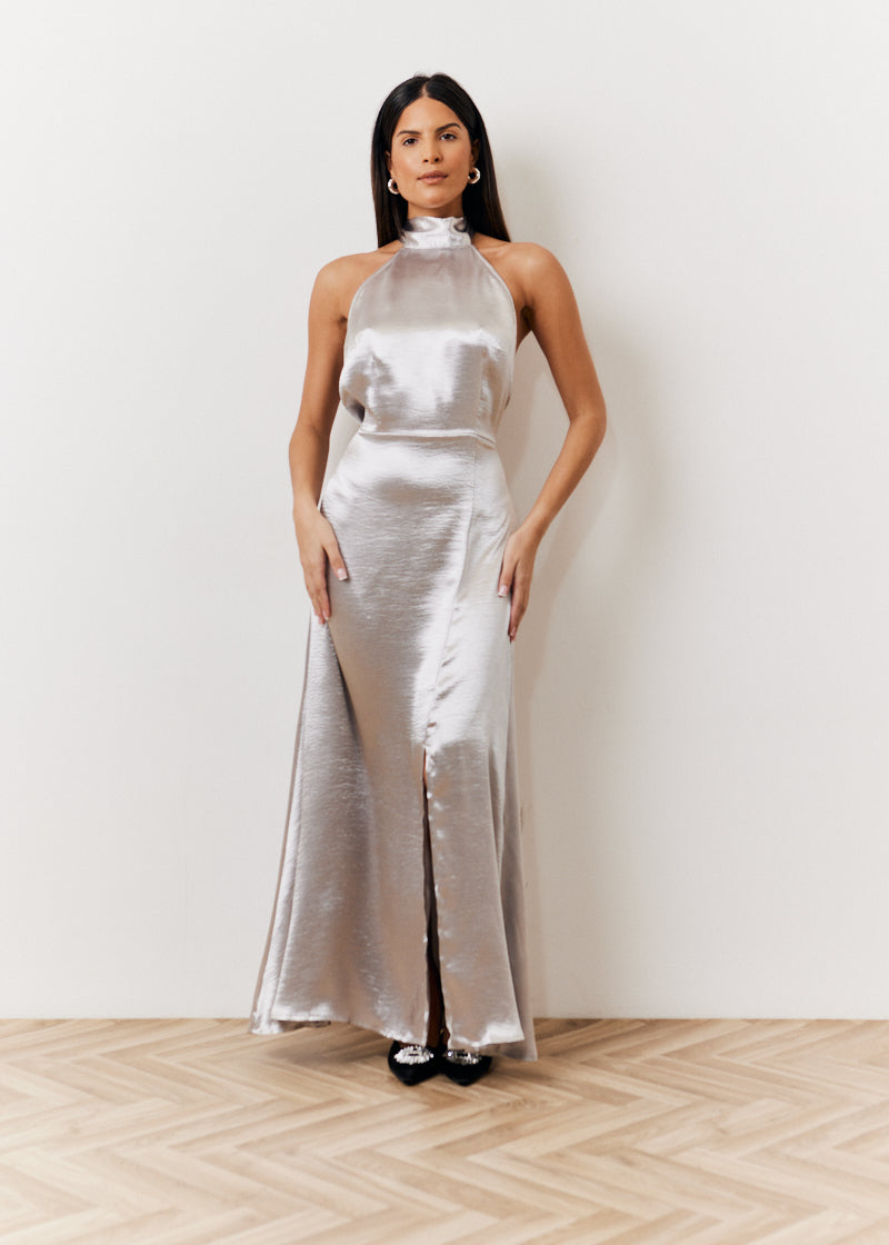 Silver Liquid Satin Halterneck Split Detail Maxi Dress