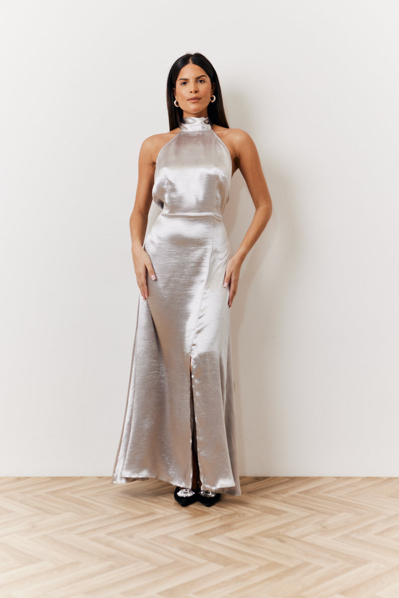 Silver Liquid Satin Halterneck Split Detail Maxi Dress
