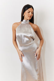 Silver Liquid Satin Halterneck Split Detail Maxi Dress