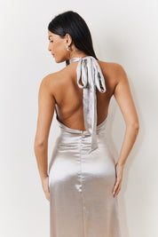 Silver Liquid Satin Halterneck Split Detail Maxi Dress