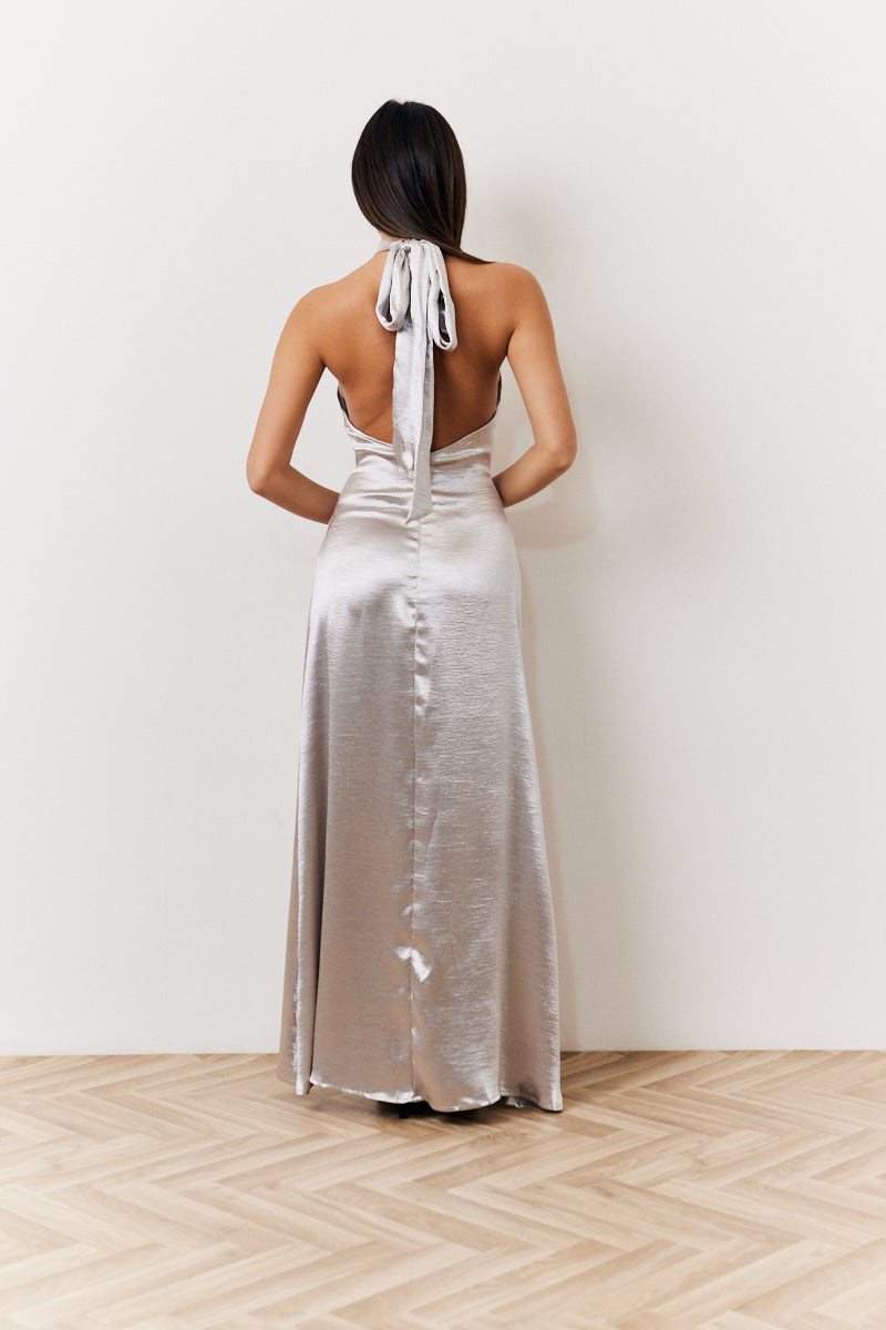 Silver Liquid Satin Halterneck Split Detail Maxi Dress