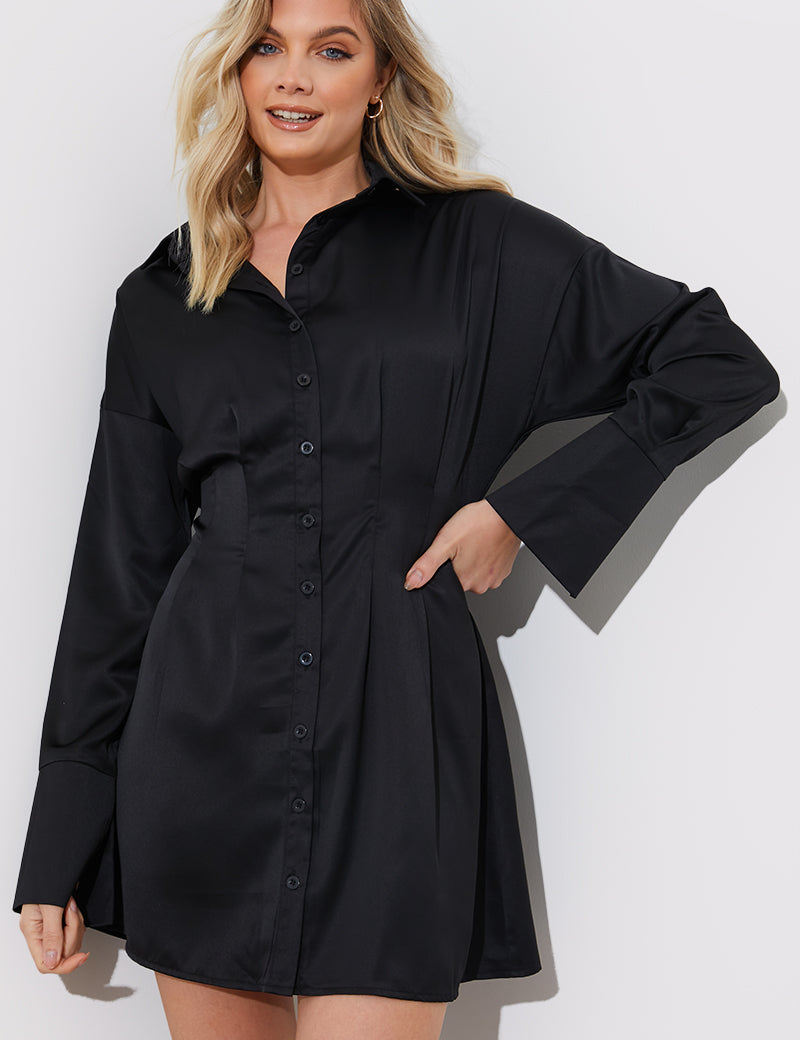 Satin Cinched Waist Shirt Dress