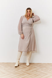 Geometric Print Chiffon Balloon Sleeve Wrap Midi Dress