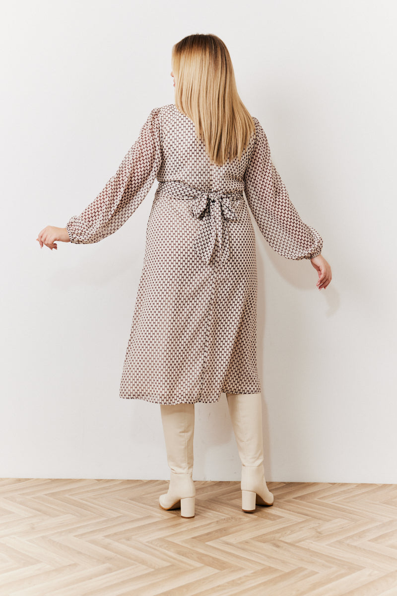 Geometric Print Chiffon Balloon Sleeve Wrap Midi Dress