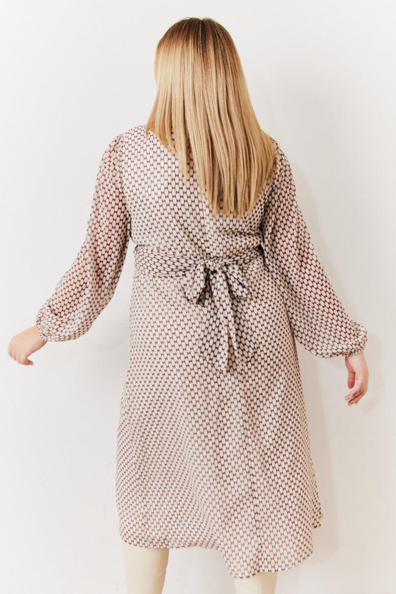 Geometric Print Chiffon Balloon Sleeve Wrap Midi Dress