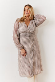 Geometric Print Chiffon Balloon Sleeve Wrap Midi Dress