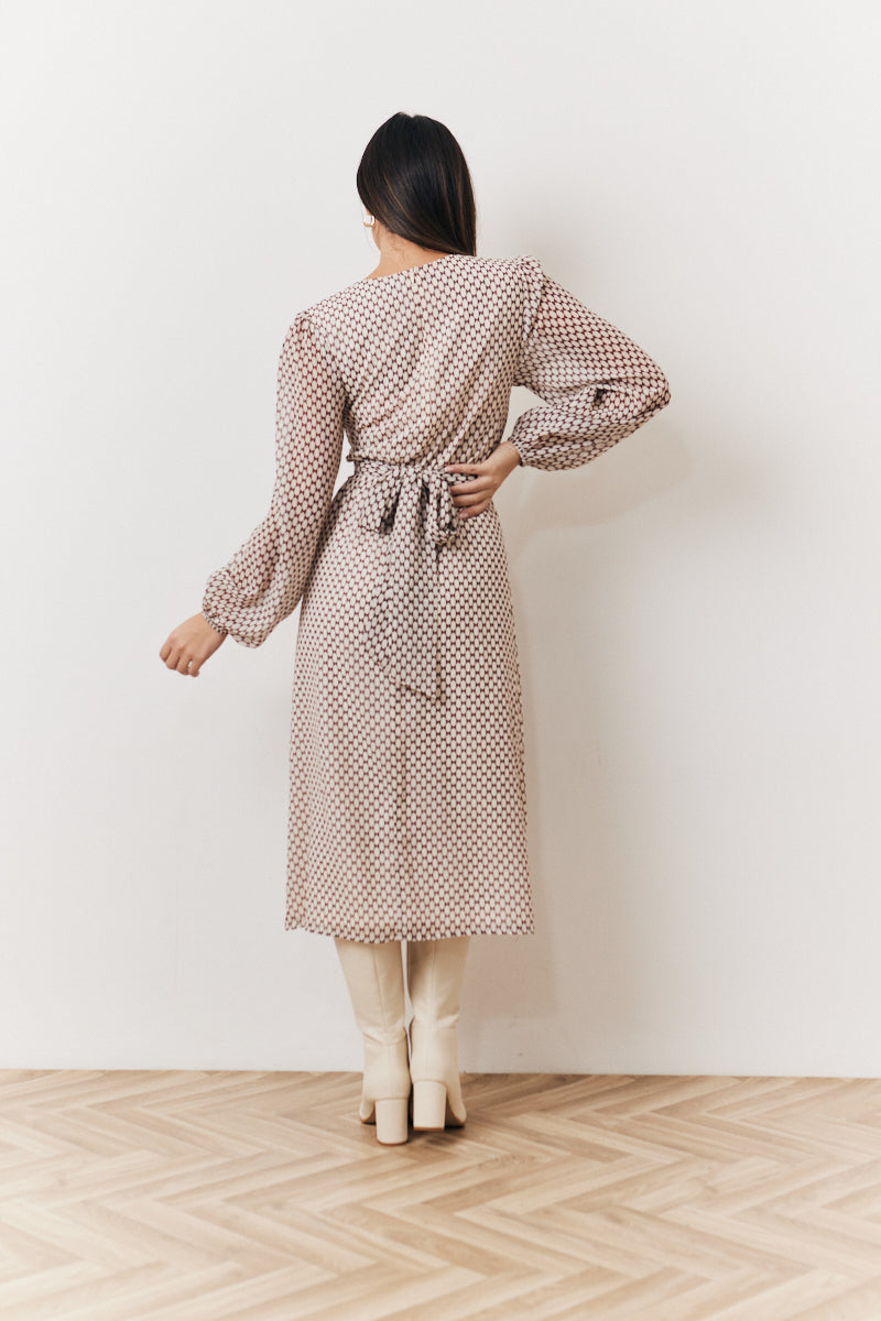 Geometric Print Chiffon Balloon Sleeve Wrap Midi Dress
