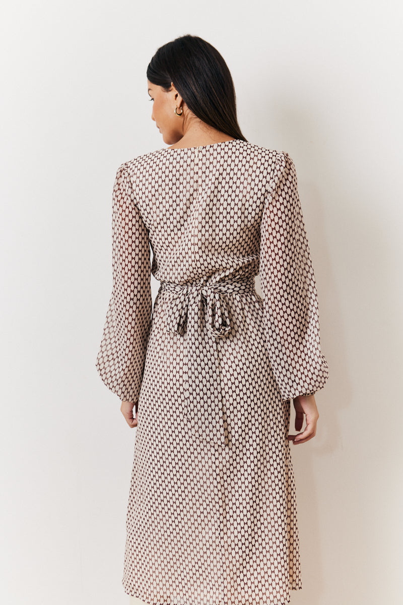 Geometric Print Chiffon Balloon Sleeve Wrap Midi Dress