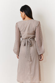 Geometric Print Chiffon Balloon Sleeve Wrap Midi Dress