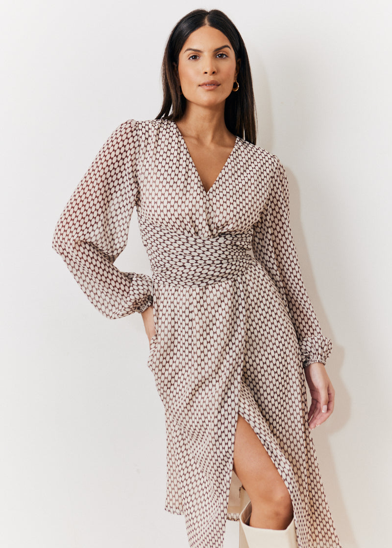 Geometric Print Chiffon Balloon Sleeve Wrap Midi Dress