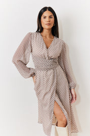 Geometric Print Chiffon Balloon Sleeve Wrap Midi Dress