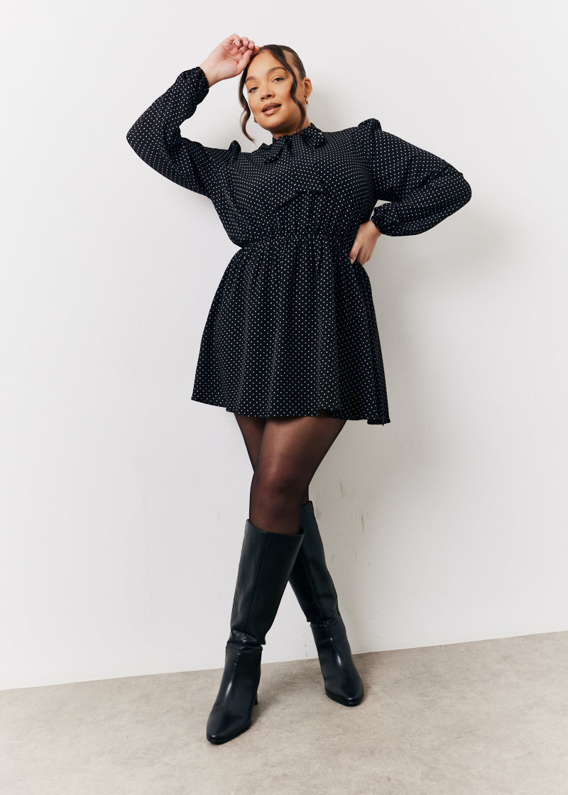Polka Dot Mini Dress with Tie Neck