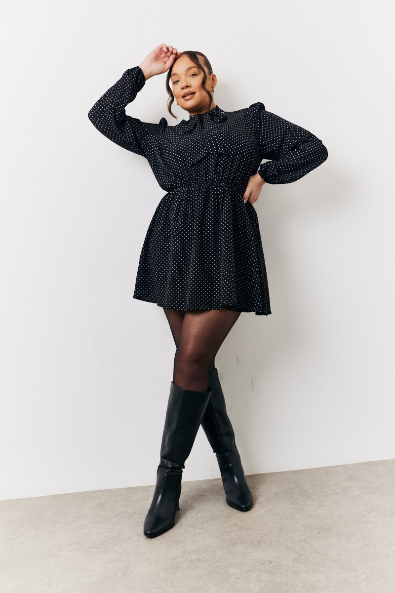 Polka Dot Mini Dress with Tie Neck