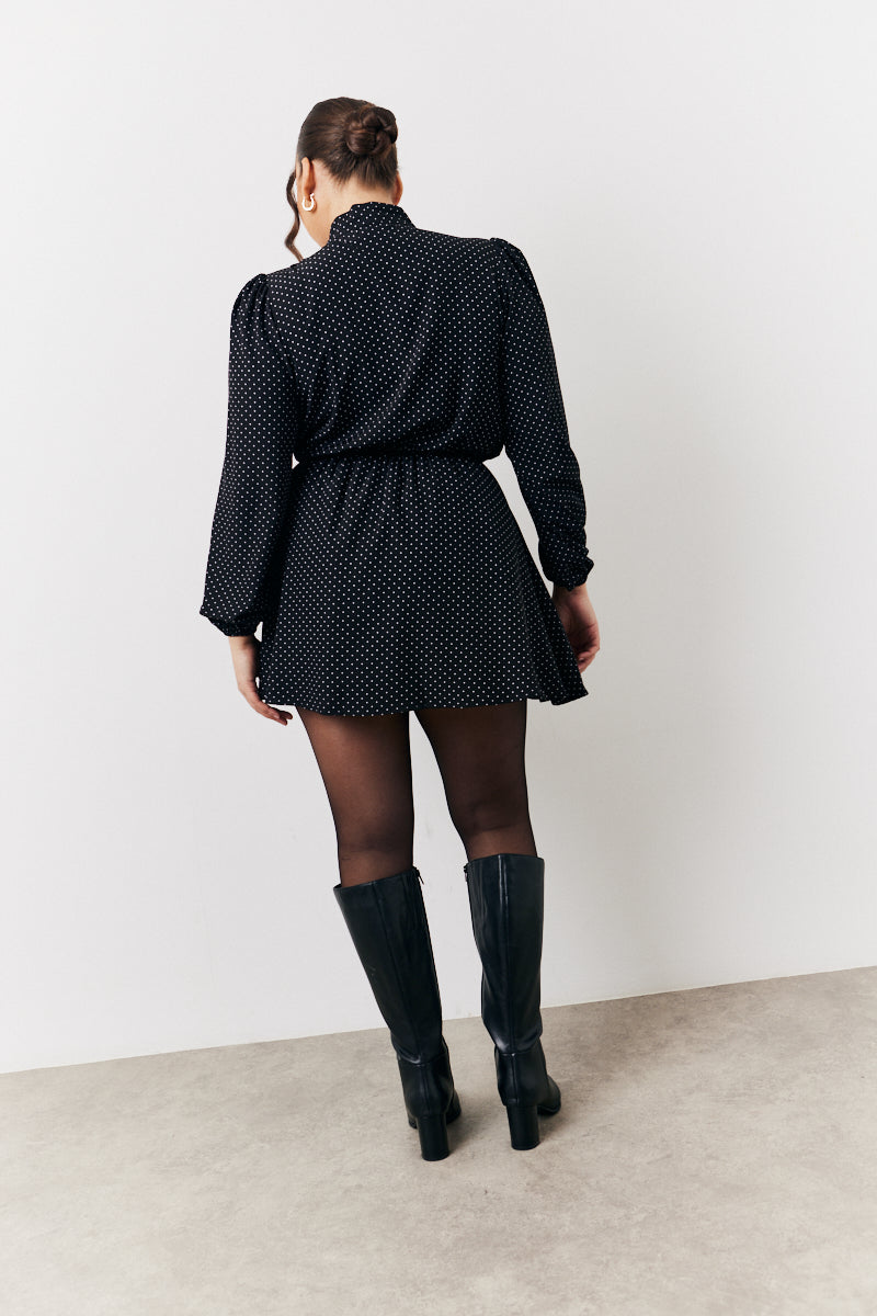Polka Dot Mini Dress with Tie Neck