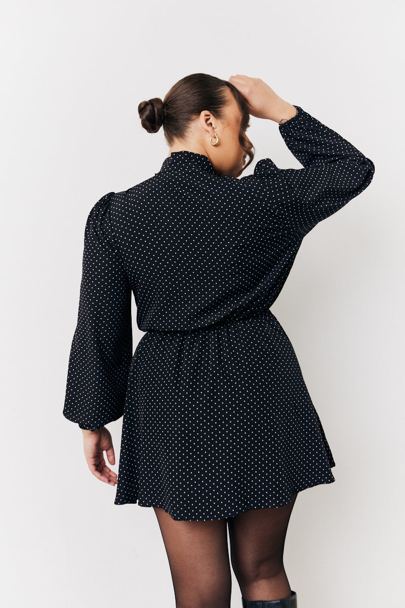 Polka Dot Mini Dress with Tie Neck