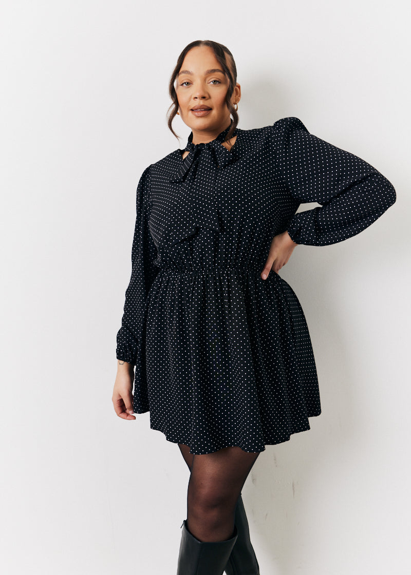 Polka Dot Mini Dress with Tie Neck