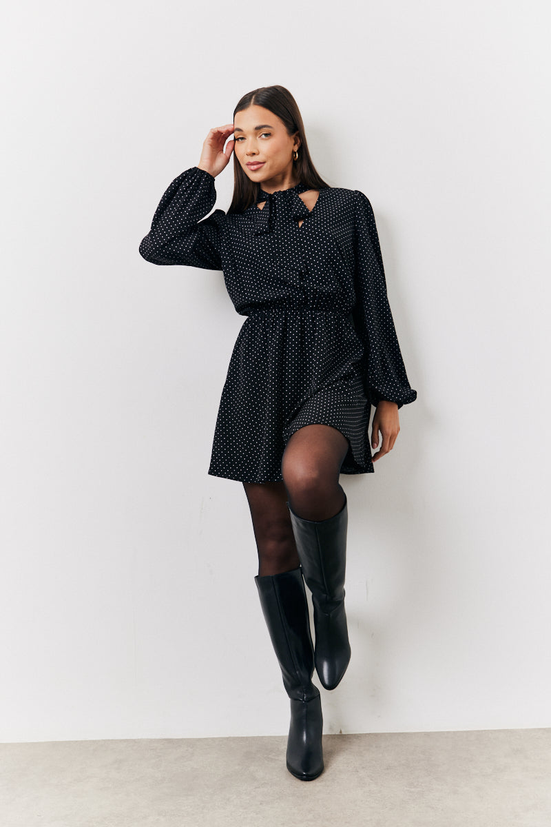 Polka Dot Mini Dress with Tie Neck