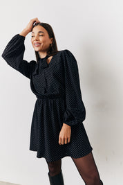 Polka Dot Mini Dress with Tie Neck