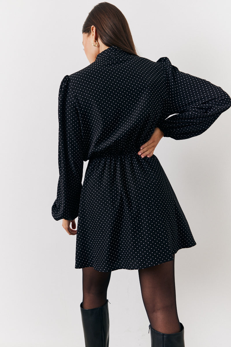 Polka Dot Mini Dress with Tie Neck