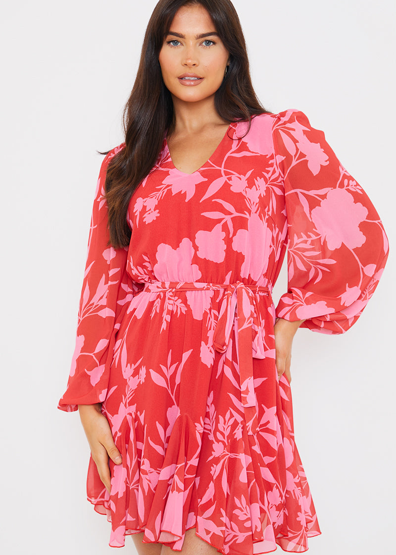 Floral Balloon Sleeve Godet Skater Dress