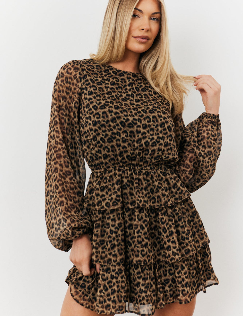 Tiered Leopard Chiffon Mini Dress