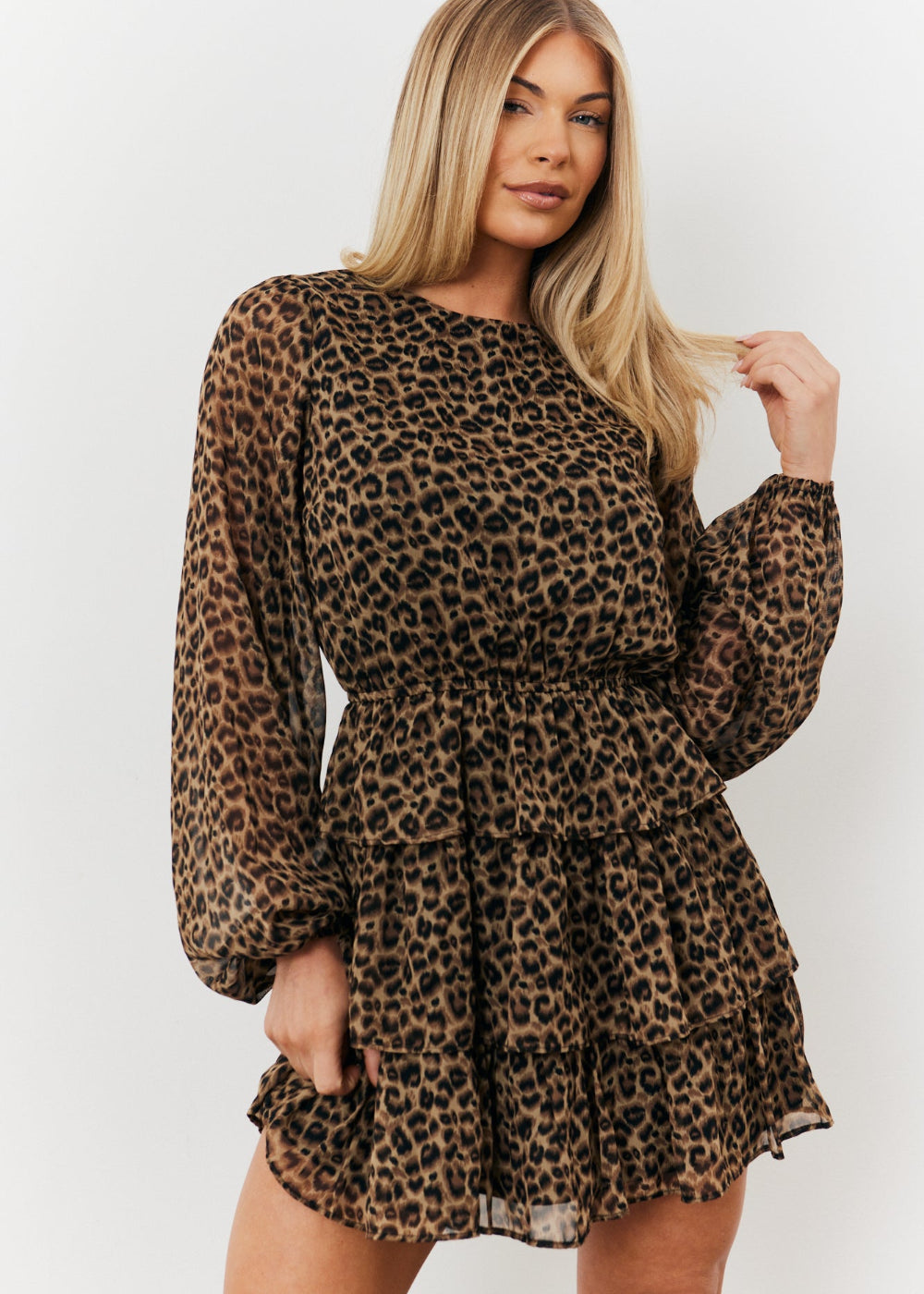 Tiered Leopard Chiffon Mini Dress