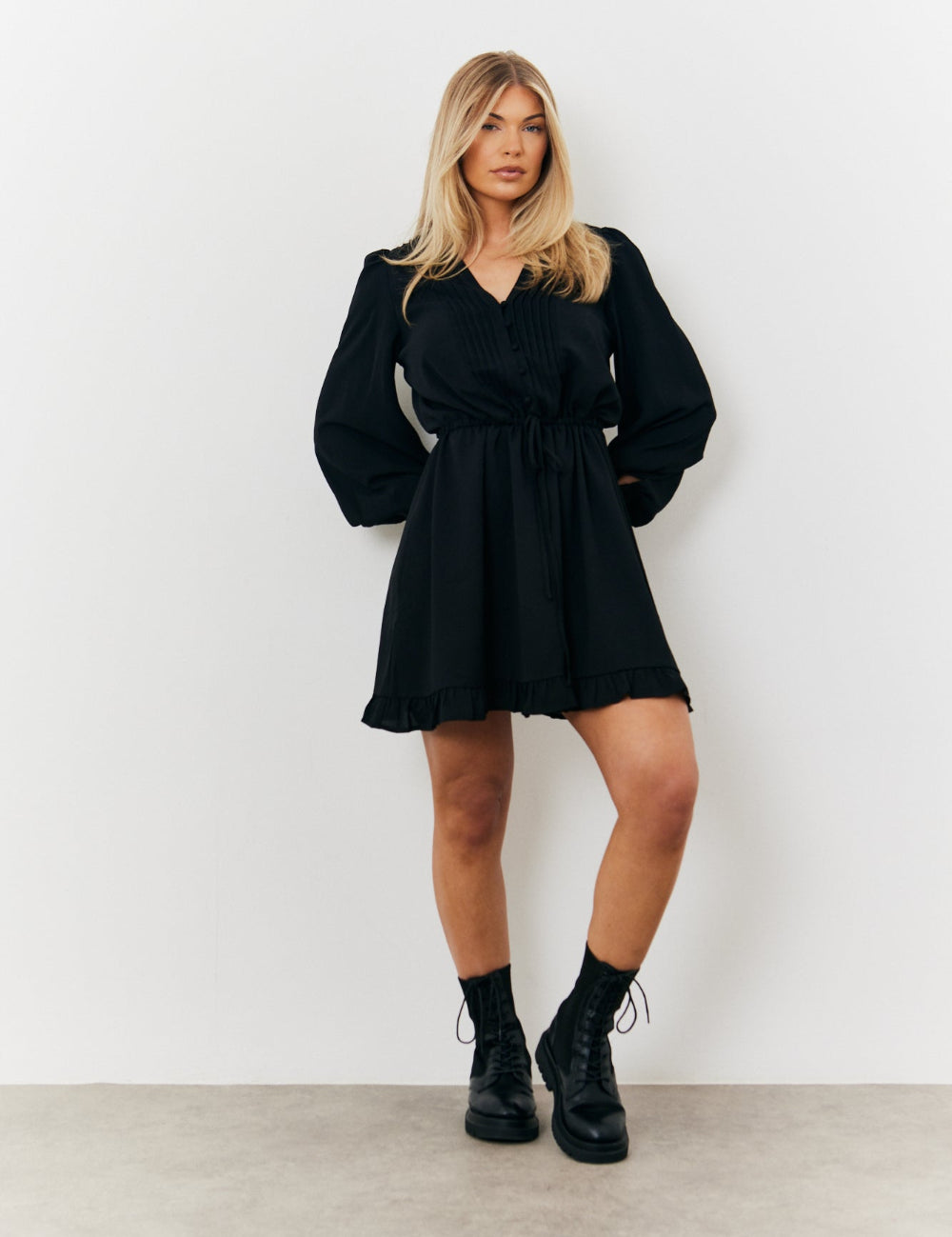 Balloon Sleeve Pintuck Mini Dress