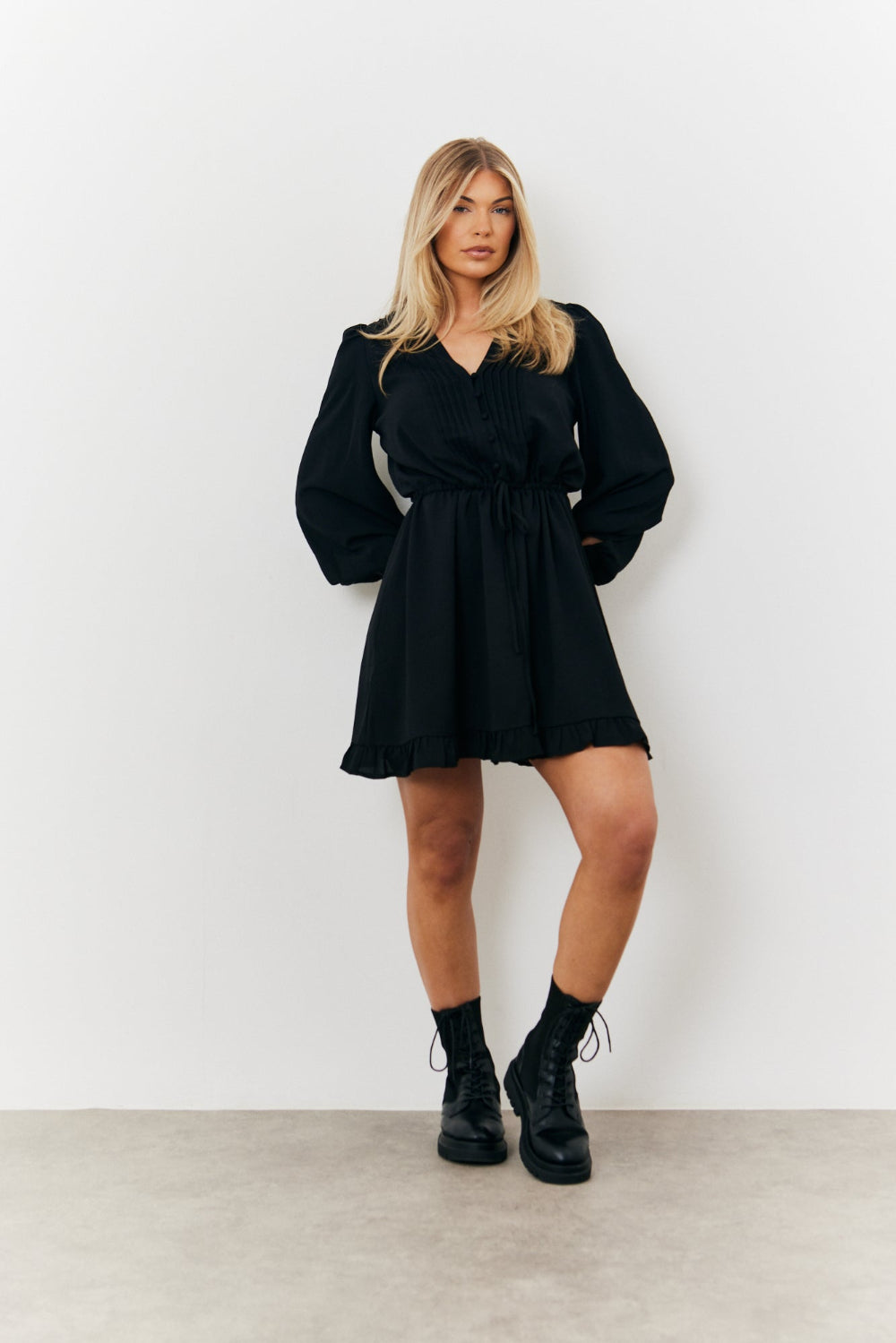 Balloon Sleeve Pintuck Mini Dress
