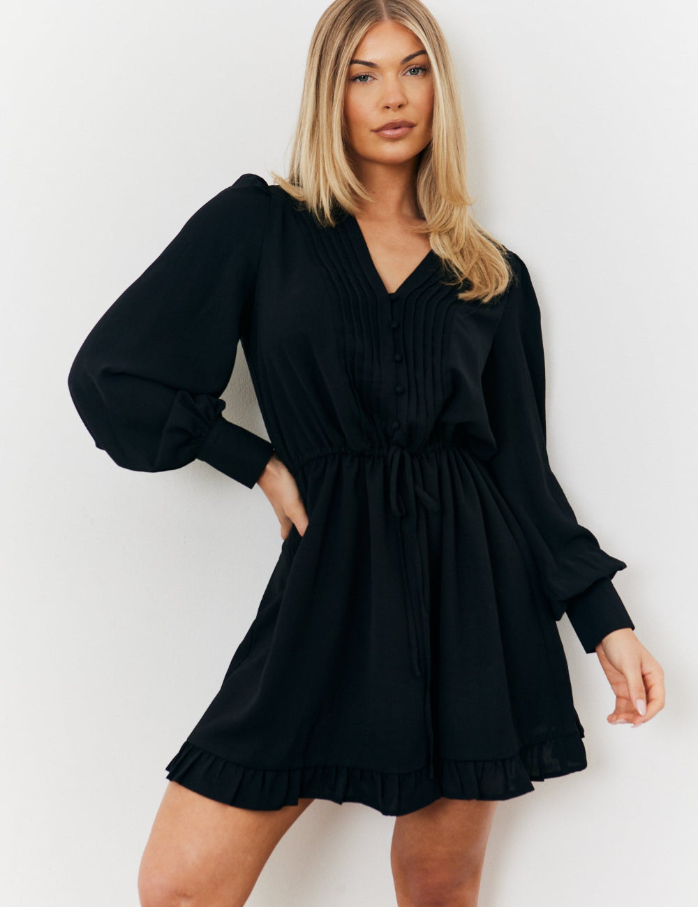 Balloon Sleeve Pintuck Mini Dress